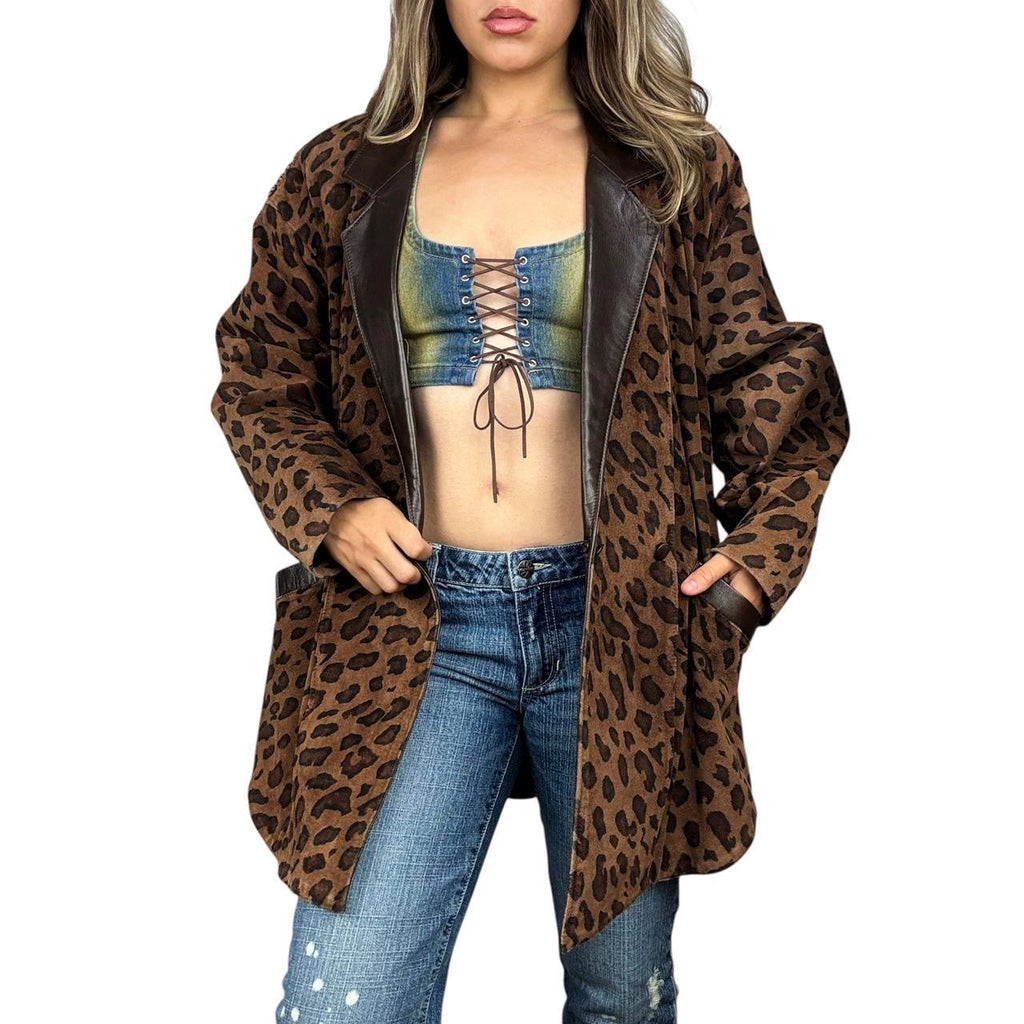 Vintage Genuine Suede Leopard Print Coat (XL)