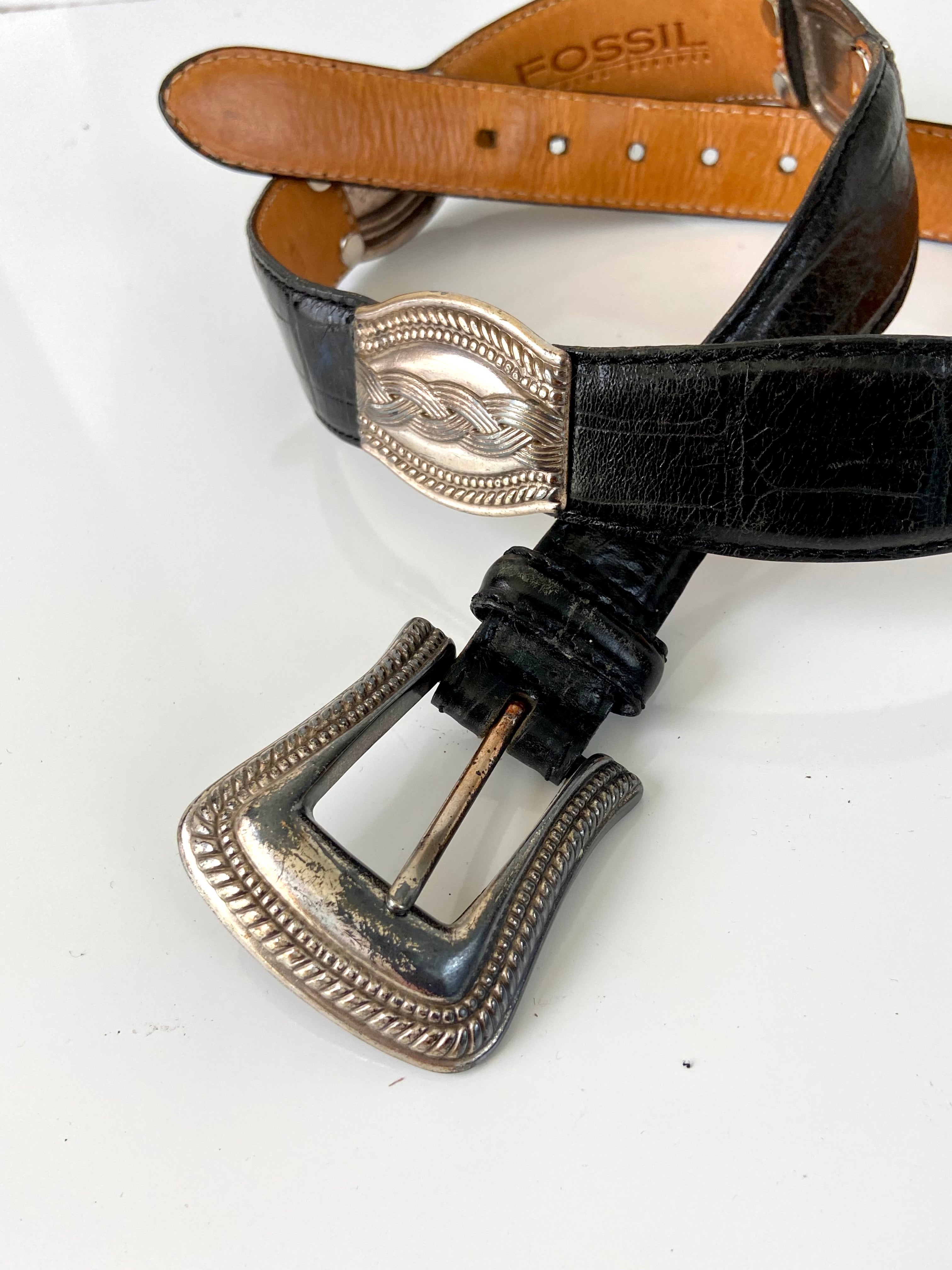 Vintage Fossil Black Leather Belt