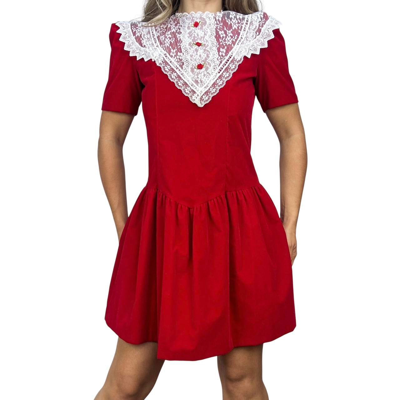 70s Velvet Lace Collar Dress (S)