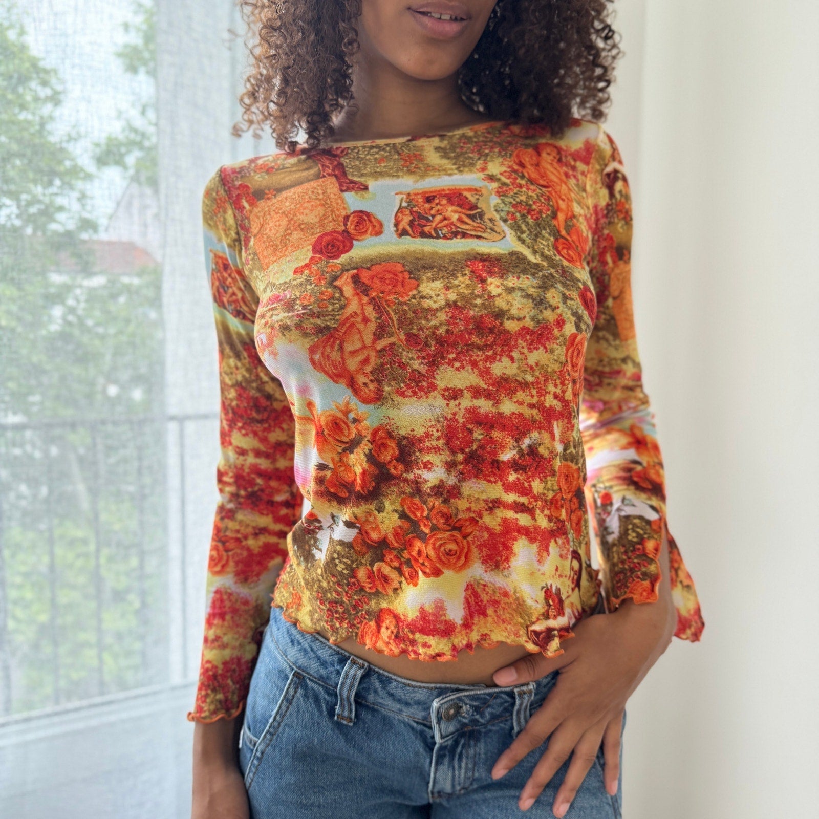 Vintage Euro Renaissance Print Mesh Top (S)