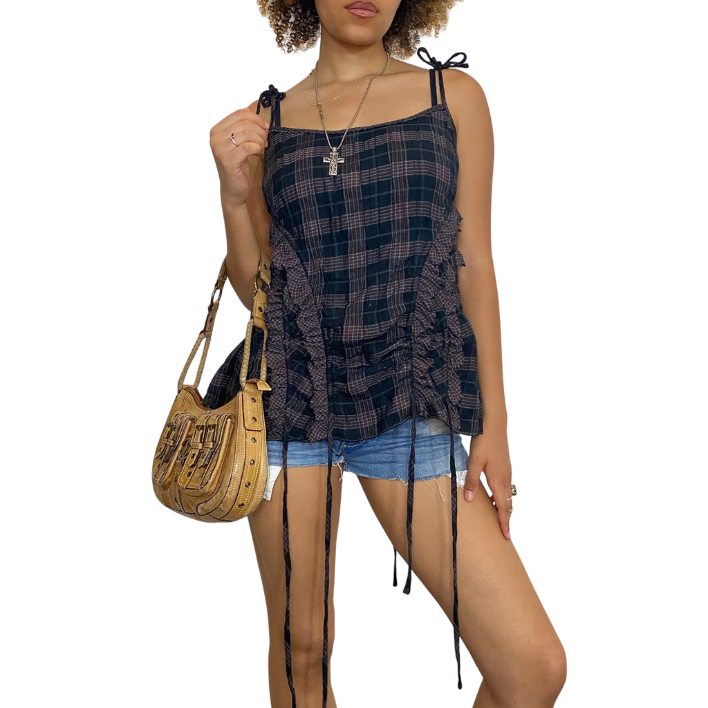 Vintage Plaid Ruffle Ruched Cami Top (M-L)