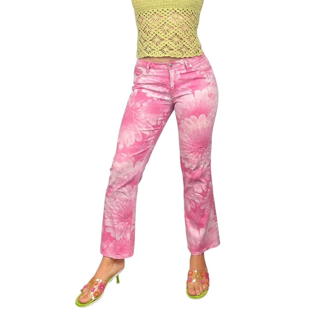 Y2K Floral Graphic Flare Jeans (S)