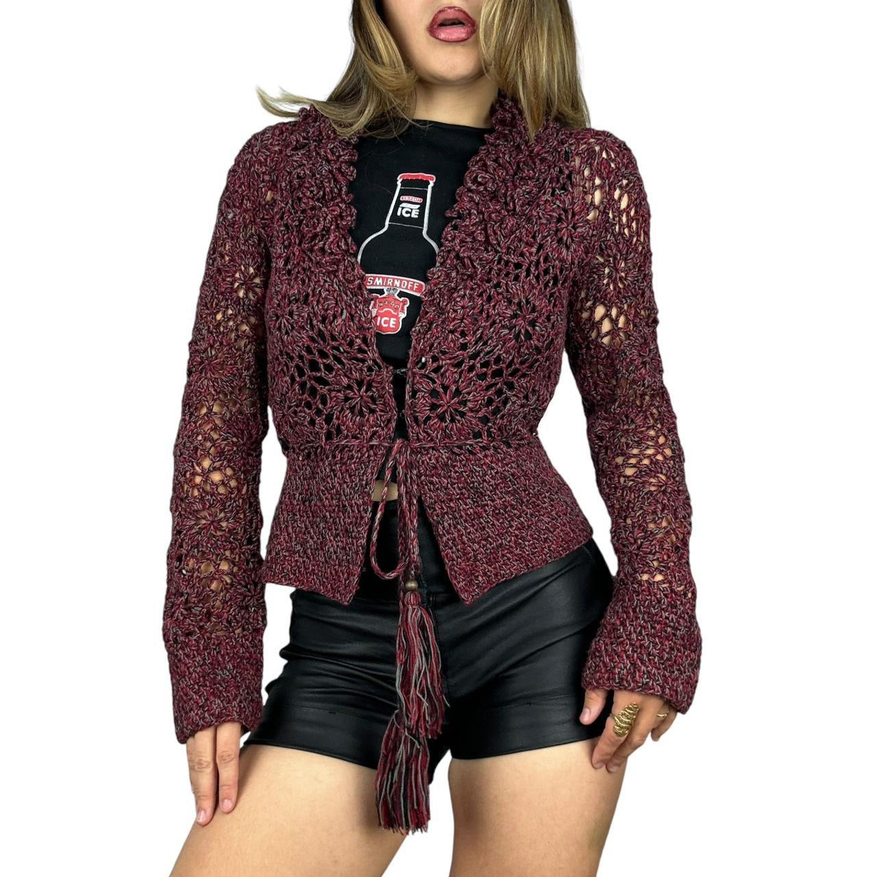Burgundy Crochet Tie Front Cardigan (M)
