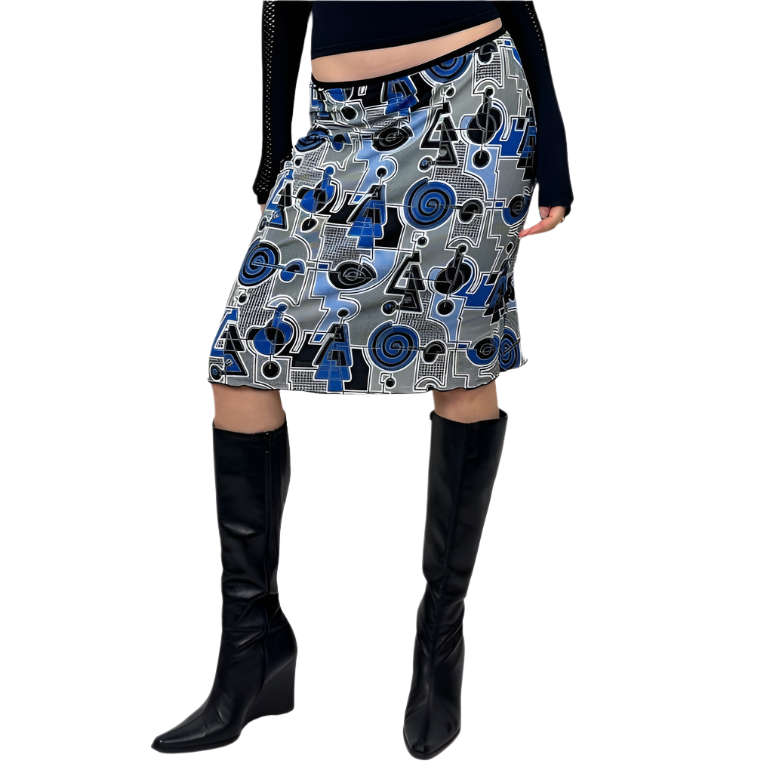 90s Geometric-Print Slinky Midi Skirt (S)
