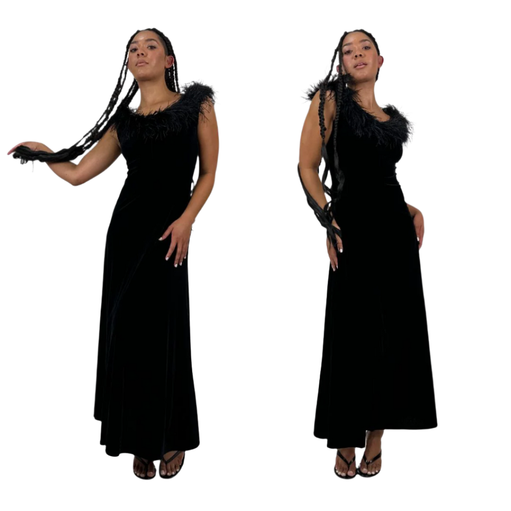 90s Noir Velvet Feather Gown (M)