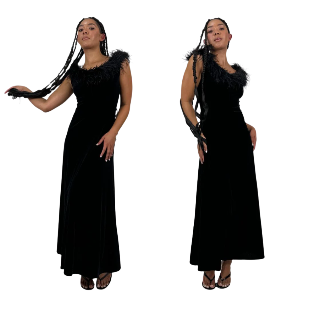 90s Noir Velvet Feather Gown (M)