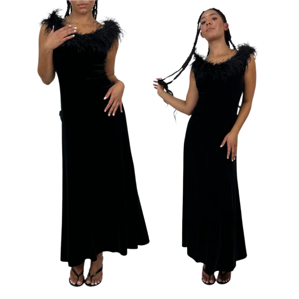 90s Noir Velvet Feather Gown (M)