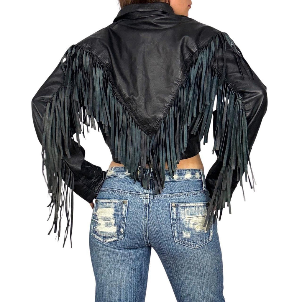 Vintage Fringe Trim Leather Jacket (M)