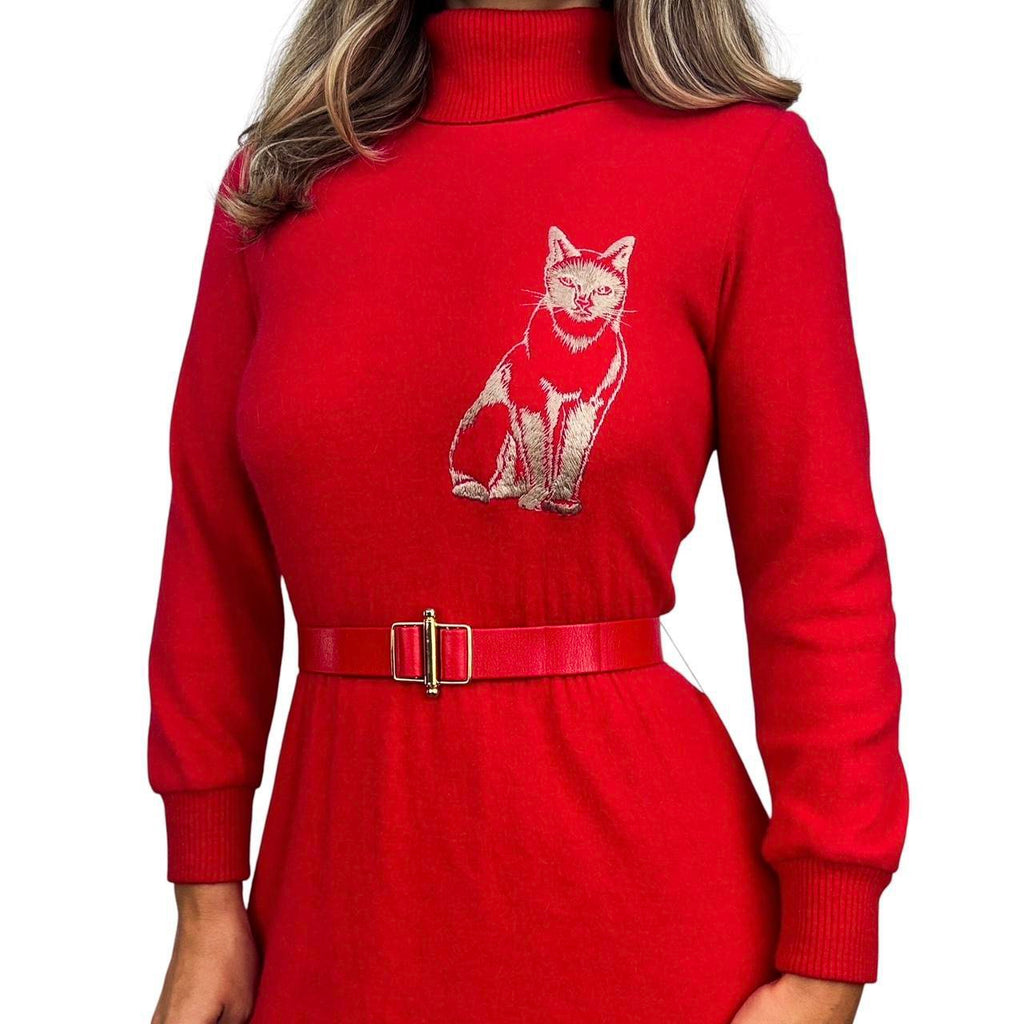 60s Vintage Embroidered Cat Dress (M)