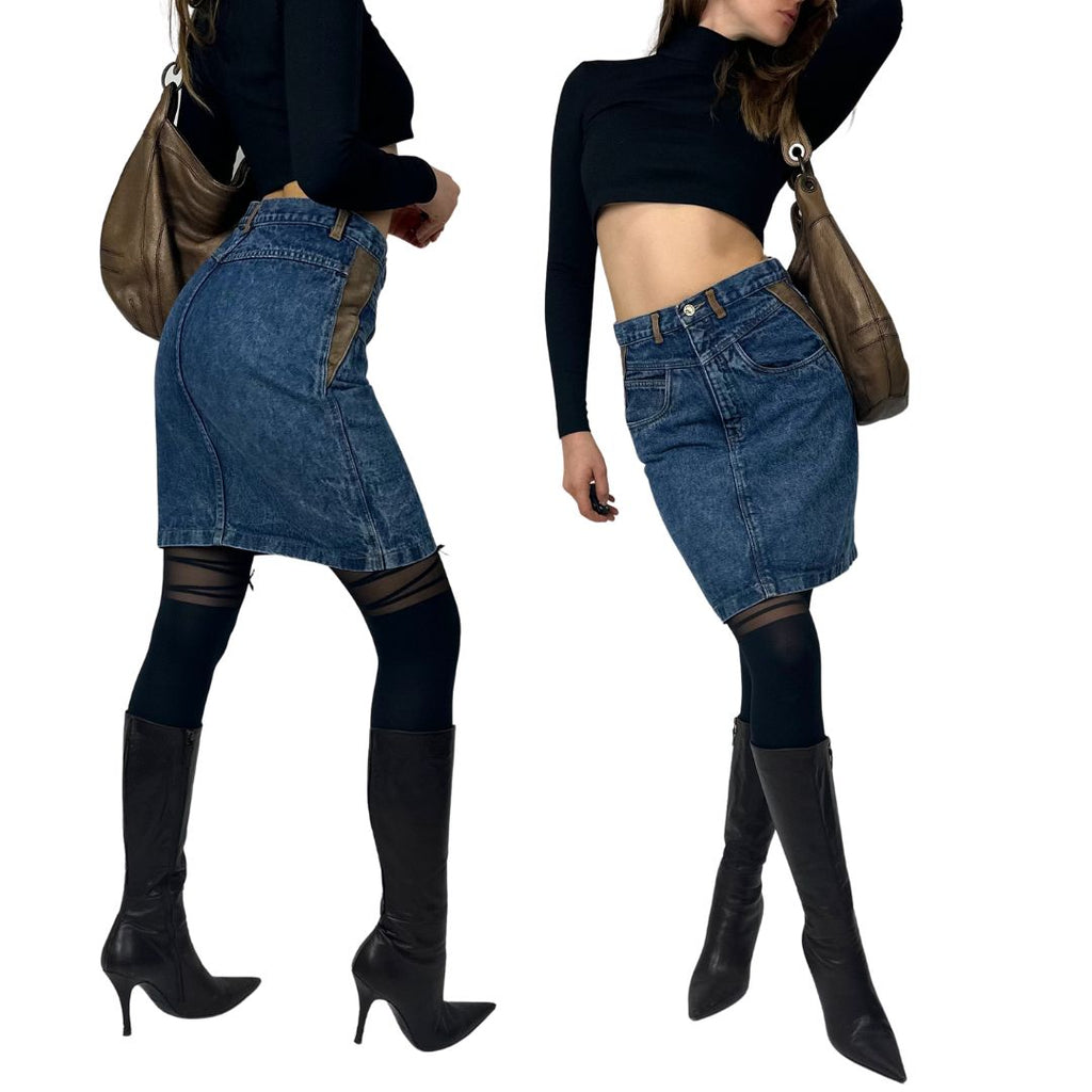 Vintage 90's Leather & Denim Midi Skirt (S)