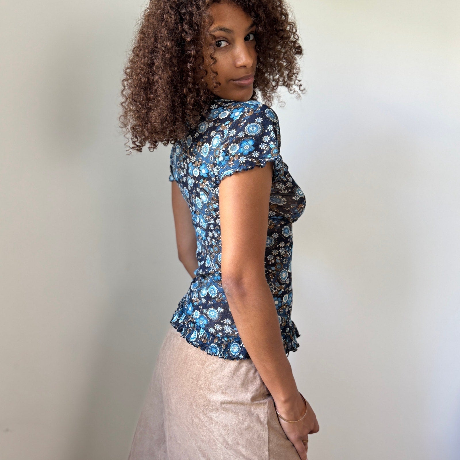 Denny Rose Blue Floral Mesh Ruffle Top (XS/S)