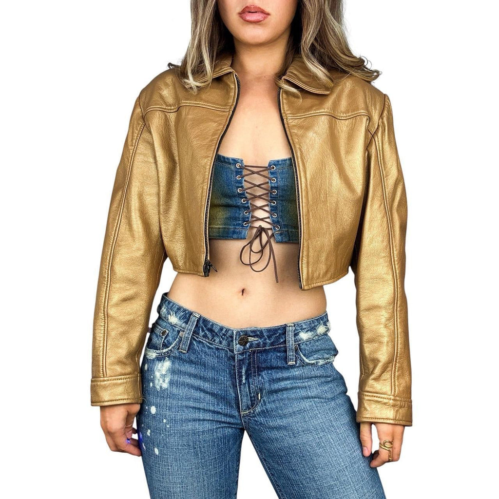 90s Caché Gold Cropped Leather Jacket (L)