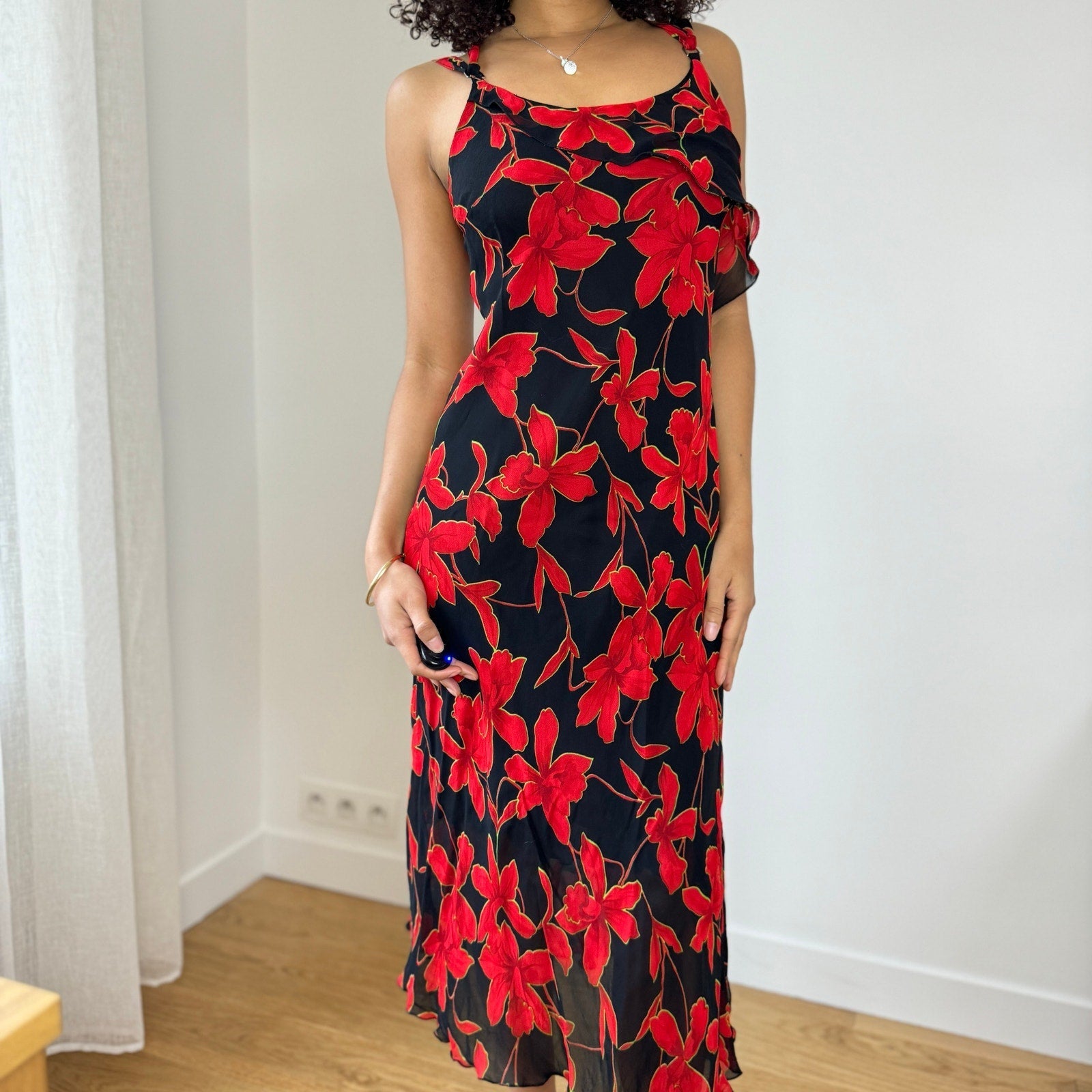 Vintage Red Floral Mesh Midi Dress (M)