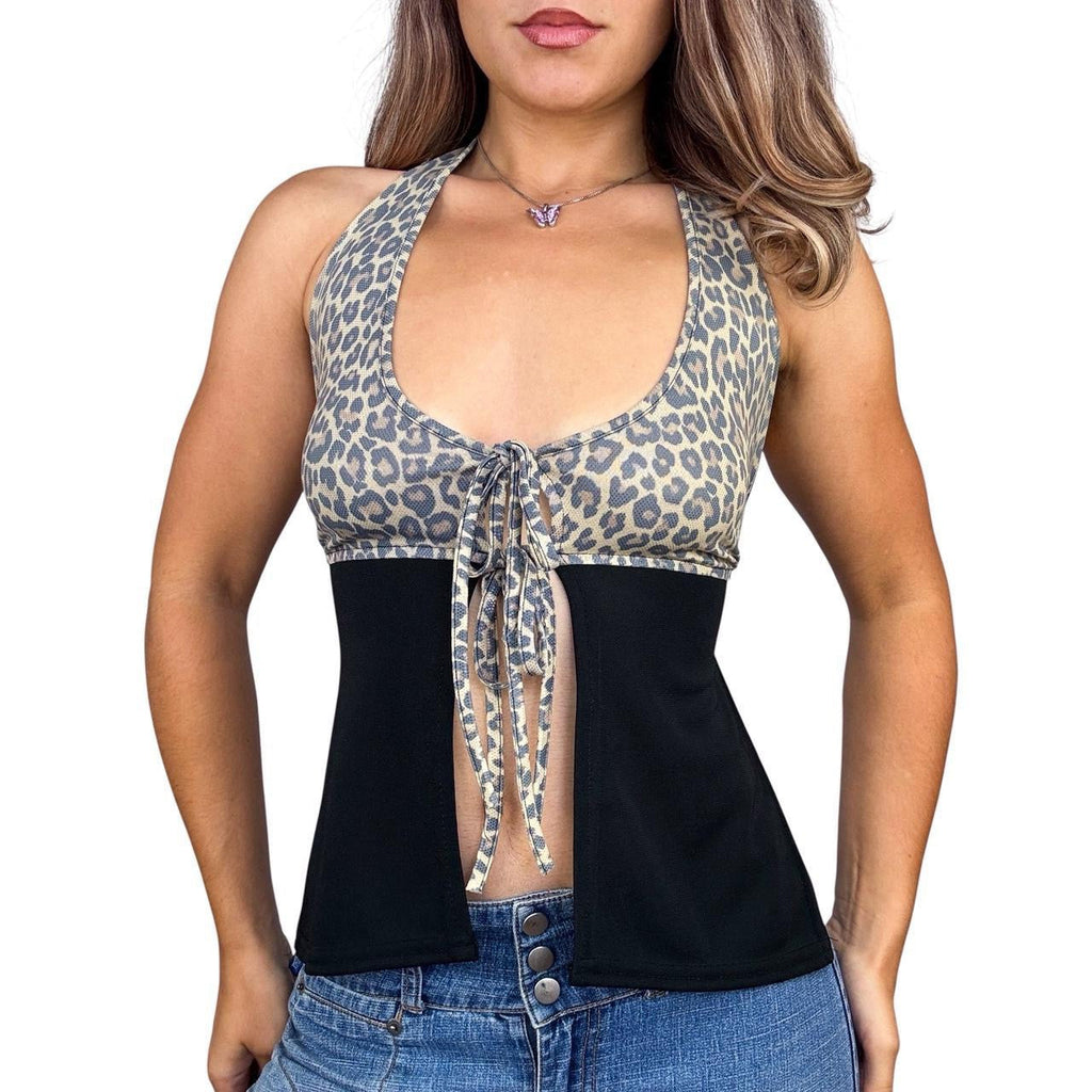 Euro Vintage Backless Leopard Print Top (M)
