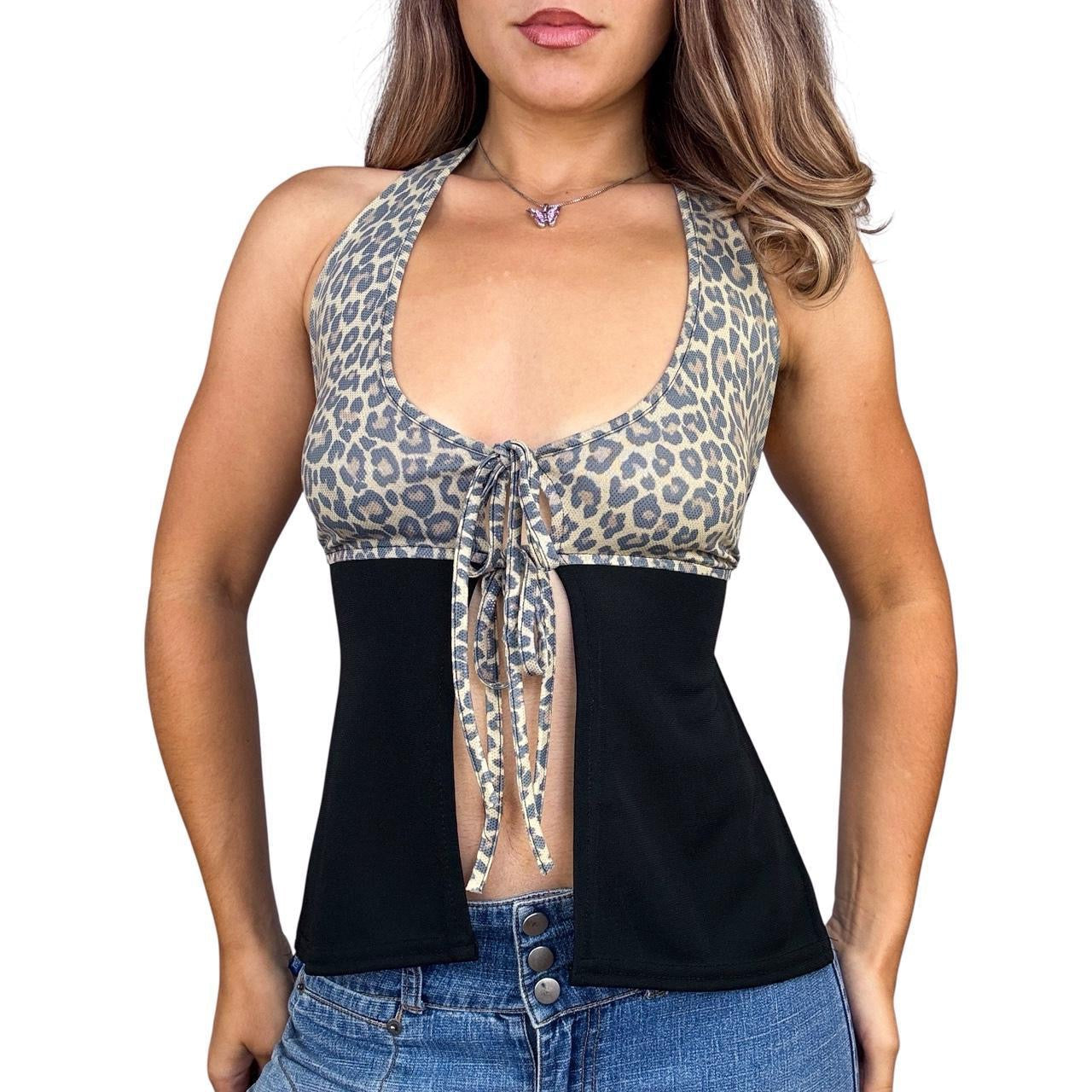 Euro Vintage Backless Leopard Print Top (M)
