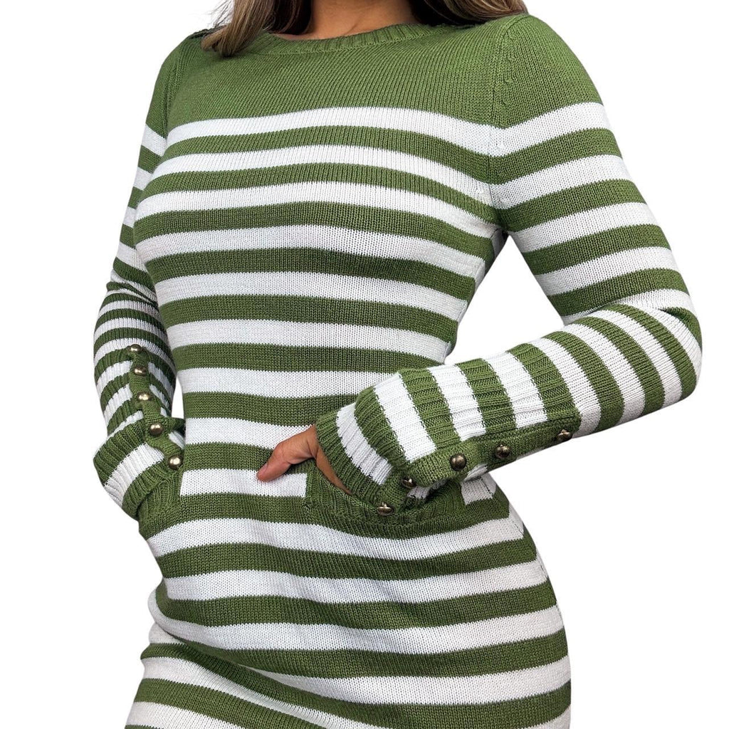Y2K Olive Striped Sweater Dress (M)