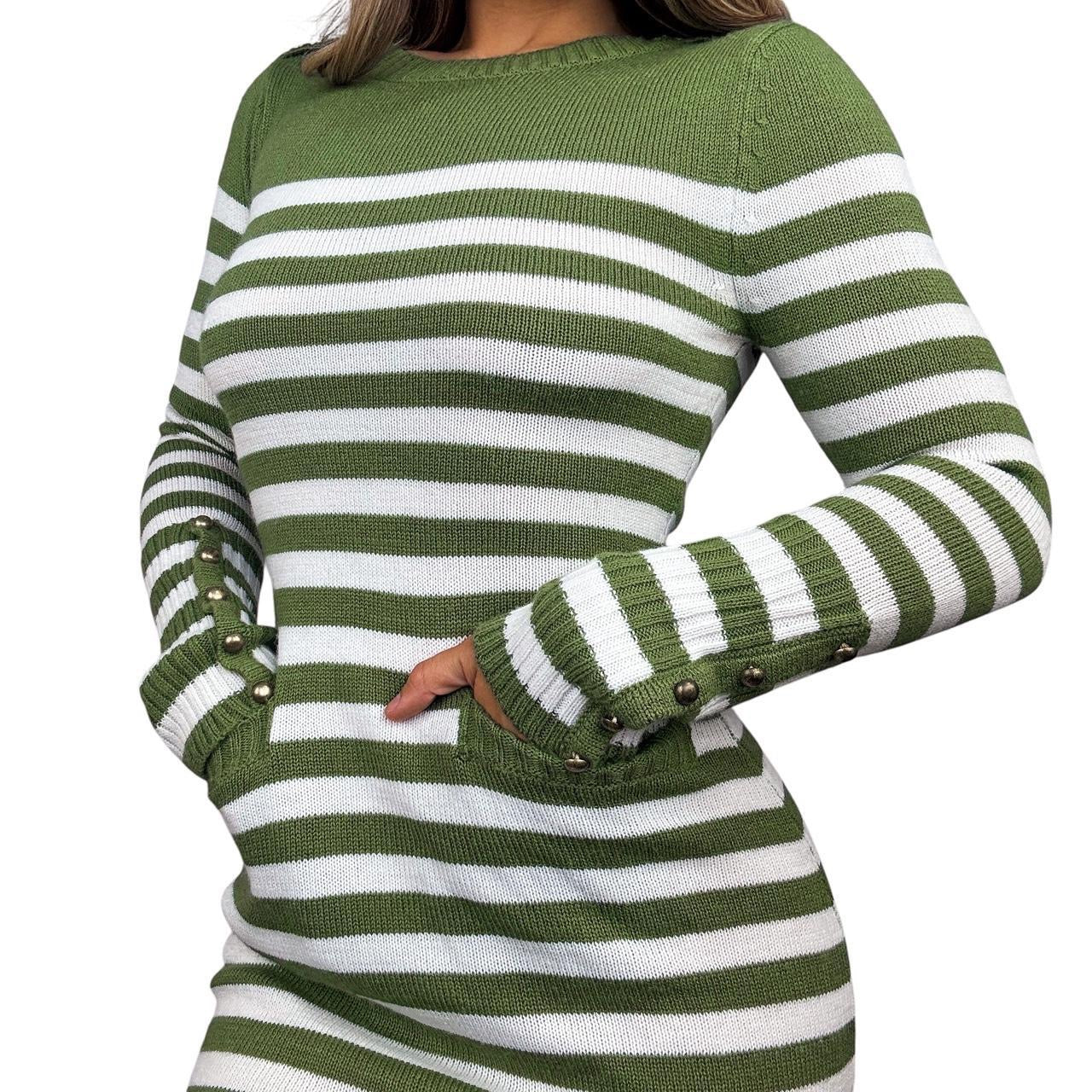 Y2K Olive Striped Sweater Dress (M)