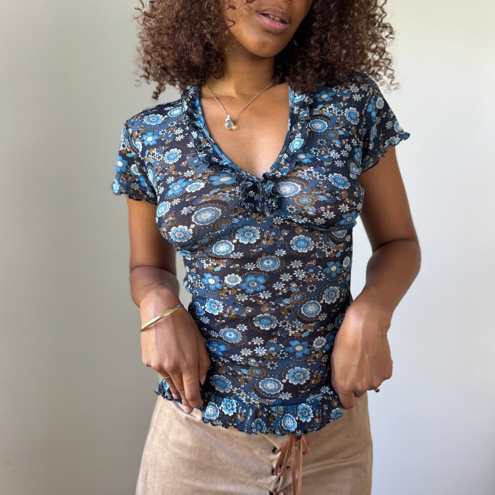 Denny Rose Blue Floral Mesh Ruffle Top (XS/S)