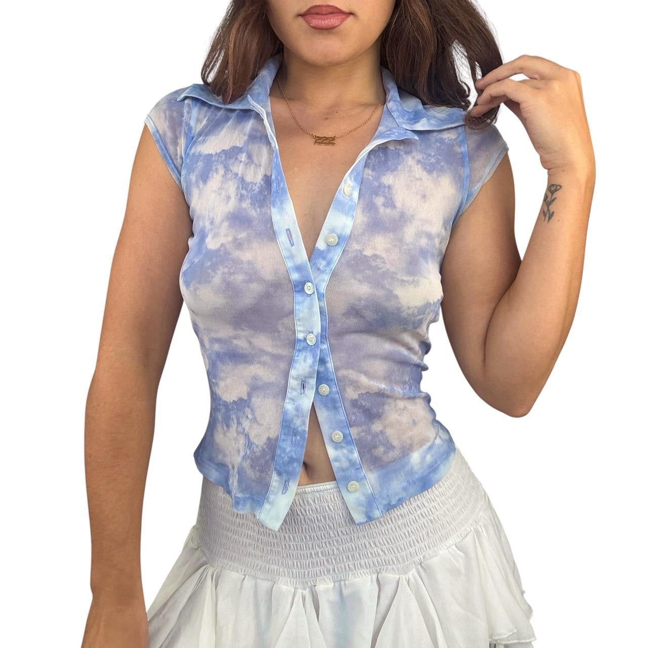 90s Bebe Cloud Print Mesh Blouse (M)