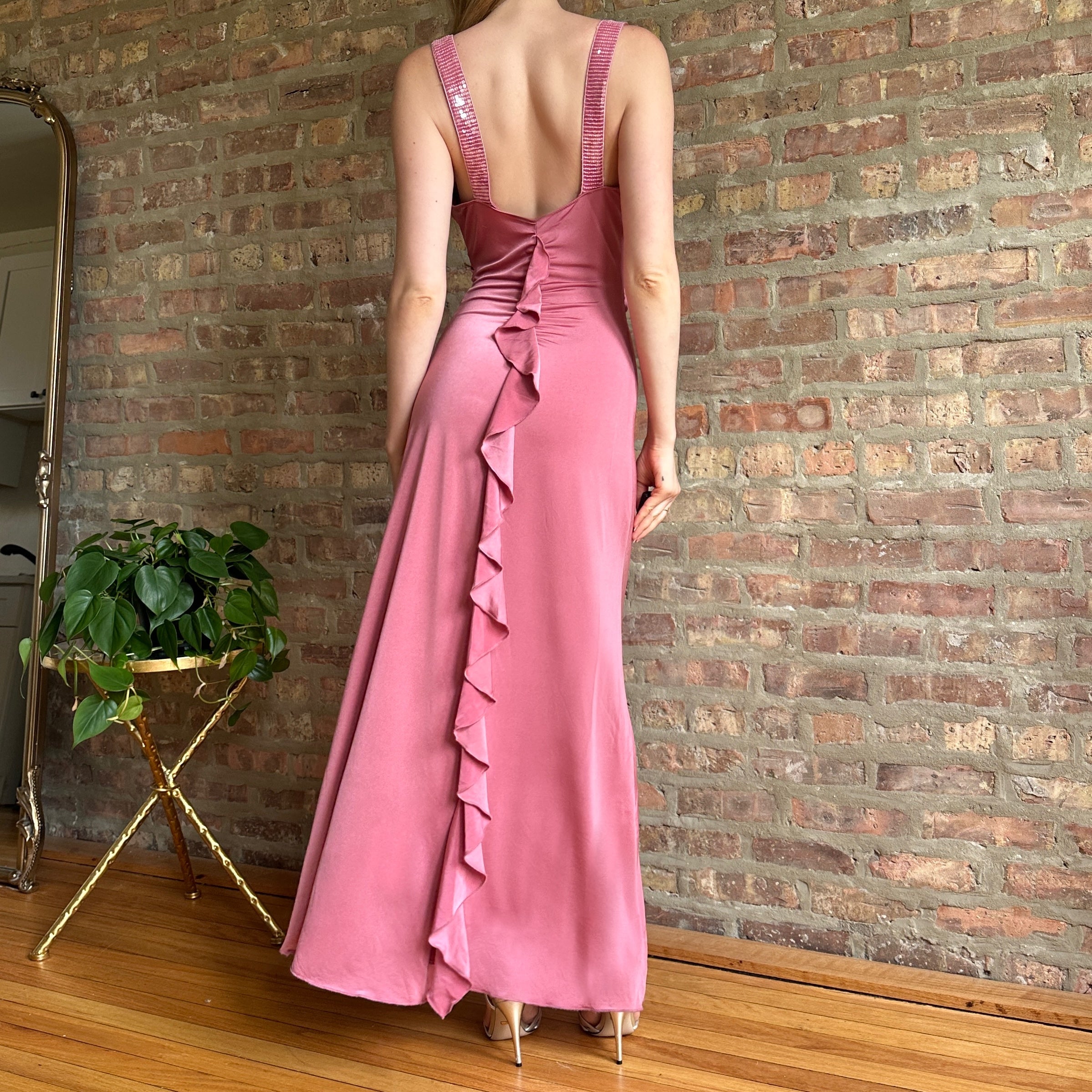 Vintage Pink Sequin & Ruffle Slinky Maxi Dress (S/M)