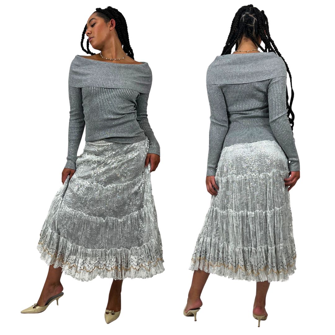 Vintage Silver Beaded Lace Maxi Skirt (S/M)