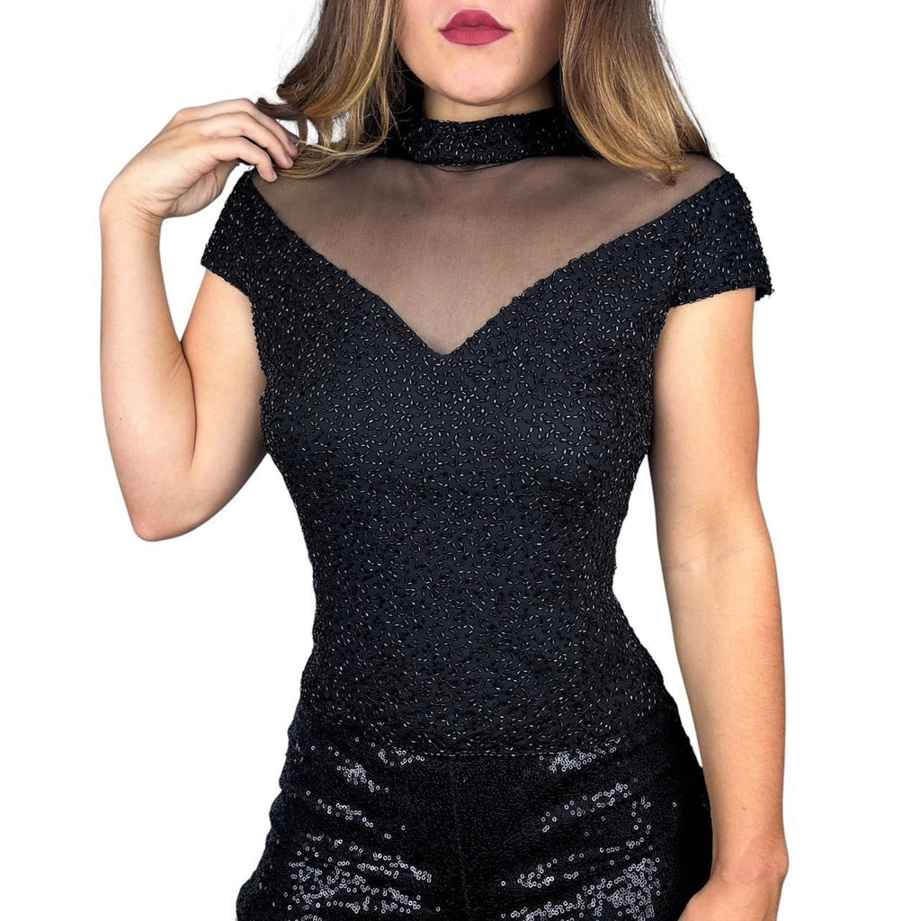 90s Beaded Mesh Sheer Illusion Blouse (L/XL)