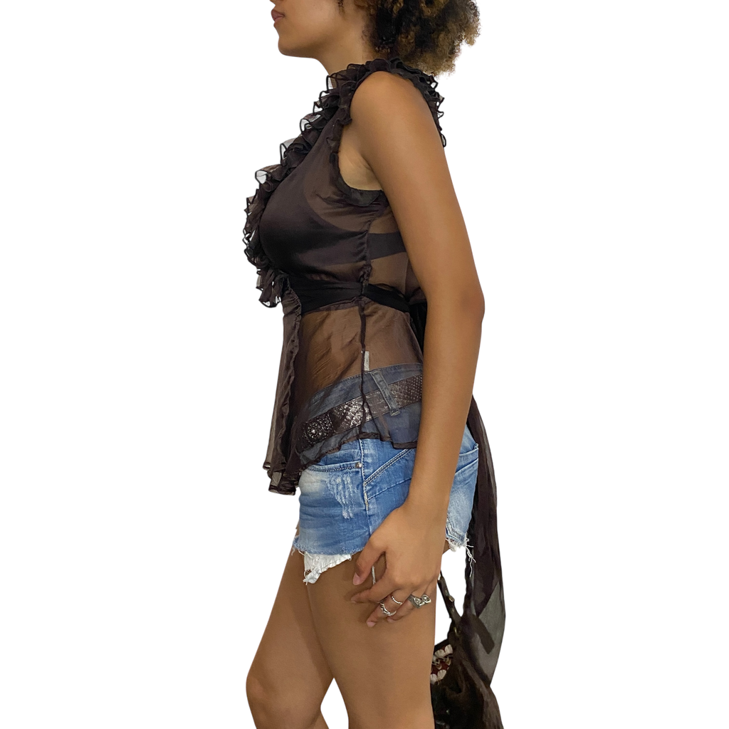 Vintage Wrap Sheer Ruffle Top (S-M)