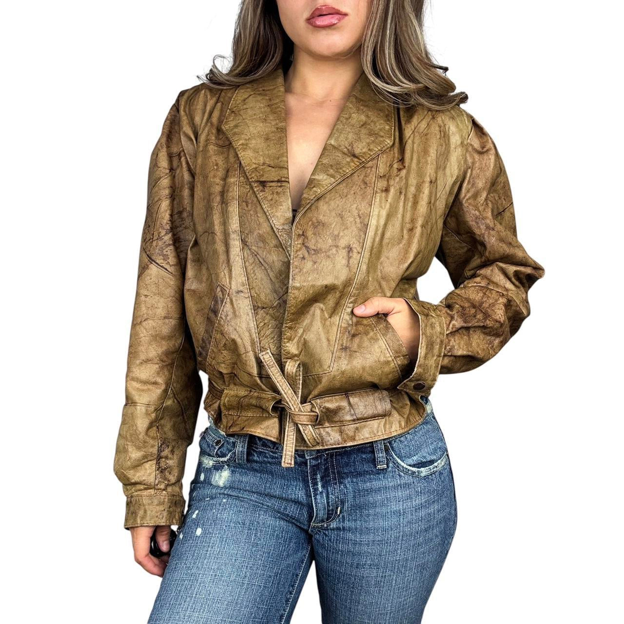 Vintage Tie Front Leather Bomber Jacket (M)