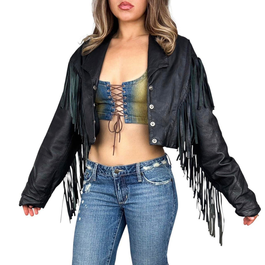 Vintage Fringe Trim Leather Jacket (M)