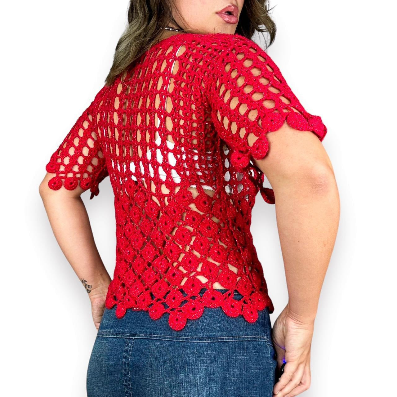 2000s Cherry Red Crochet Top (S/M)
