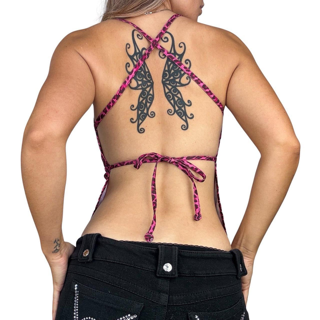 90s Pink Leopard Print Backless Top (M)