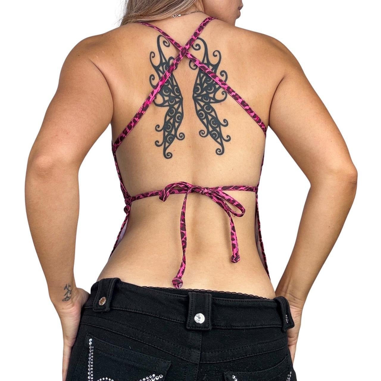 90s Pink Leopard Print Backless Top (M)