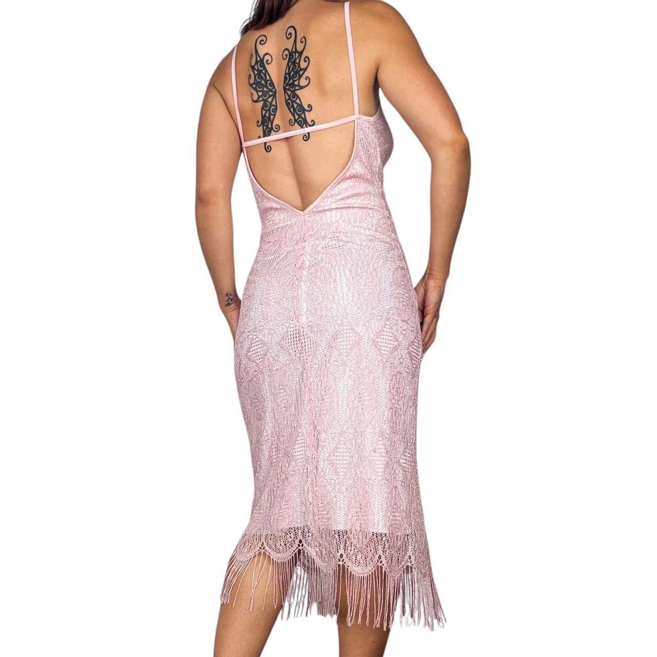 90s Pink Lace & Fringe Midi Dress (M)