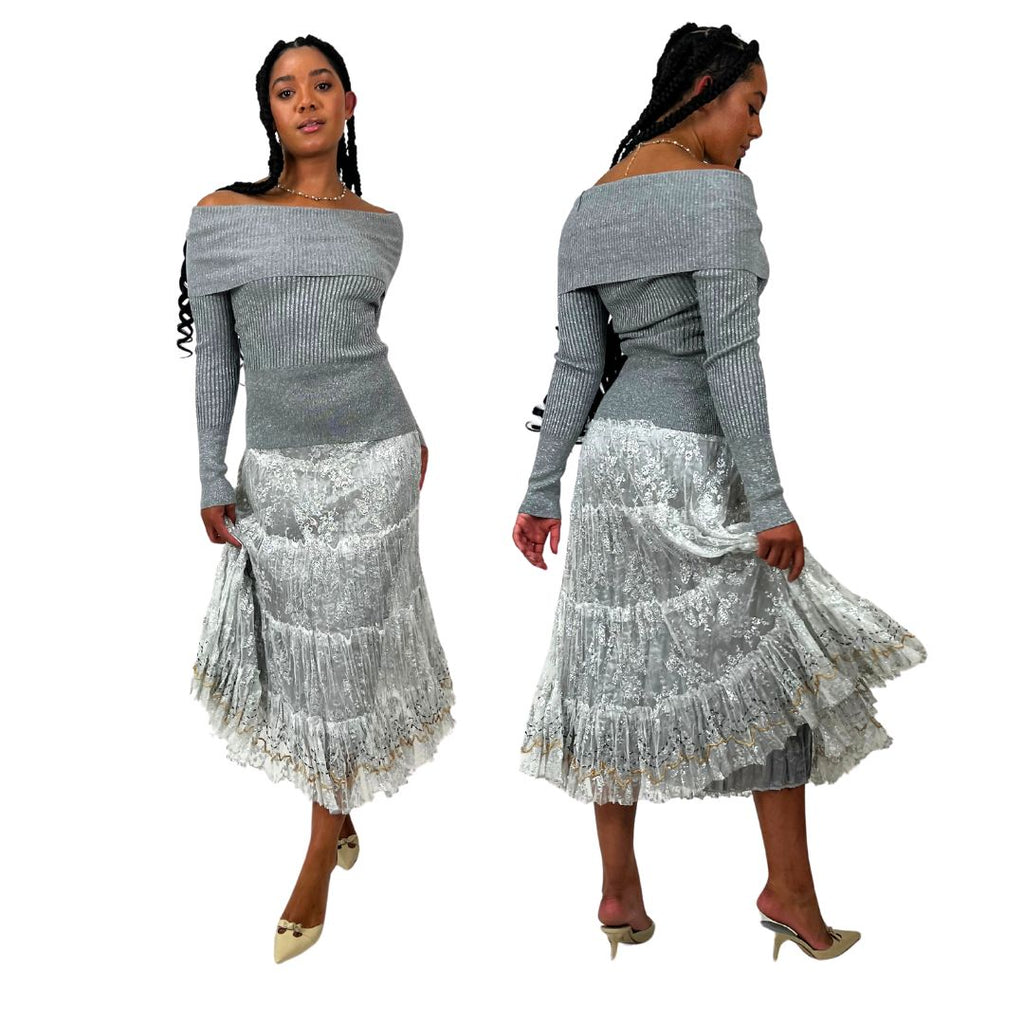 Vintage Silver Beaded Lace Maxi Skirt (S/M)