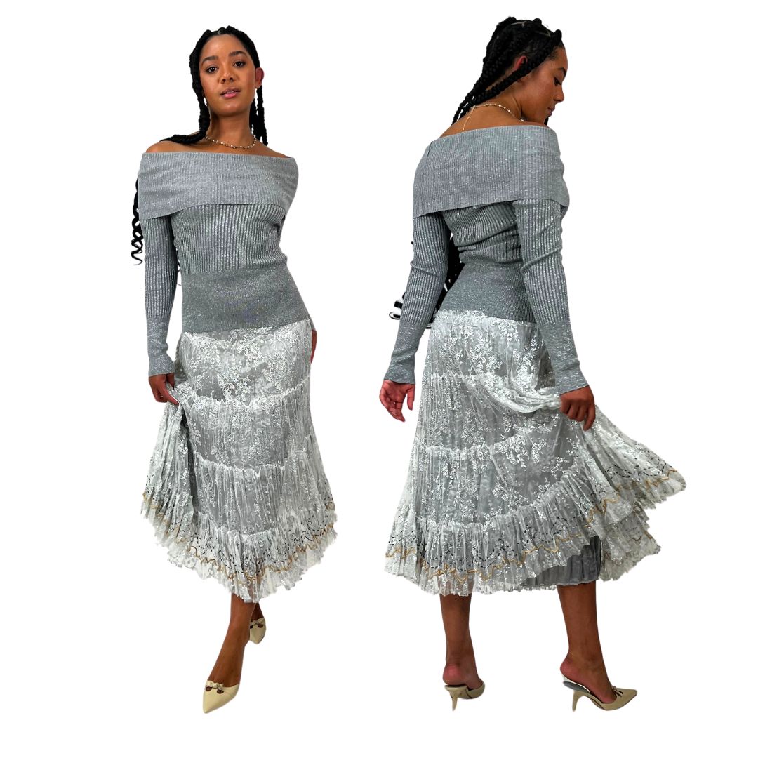 Vintage Silver Beaded Lace Maxi Skirt (S/M)