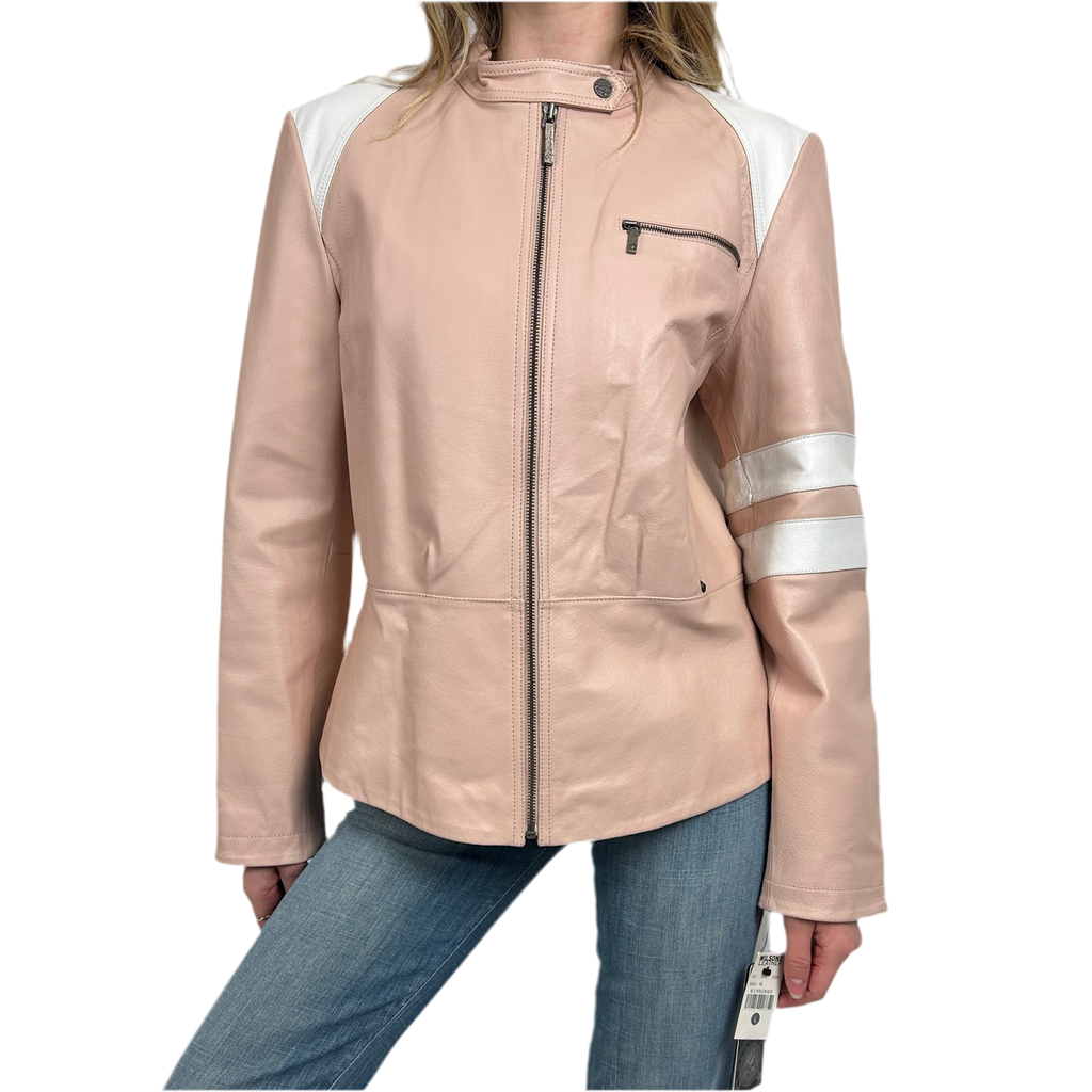 Vintage Pink Leather Moto Jacket (L)