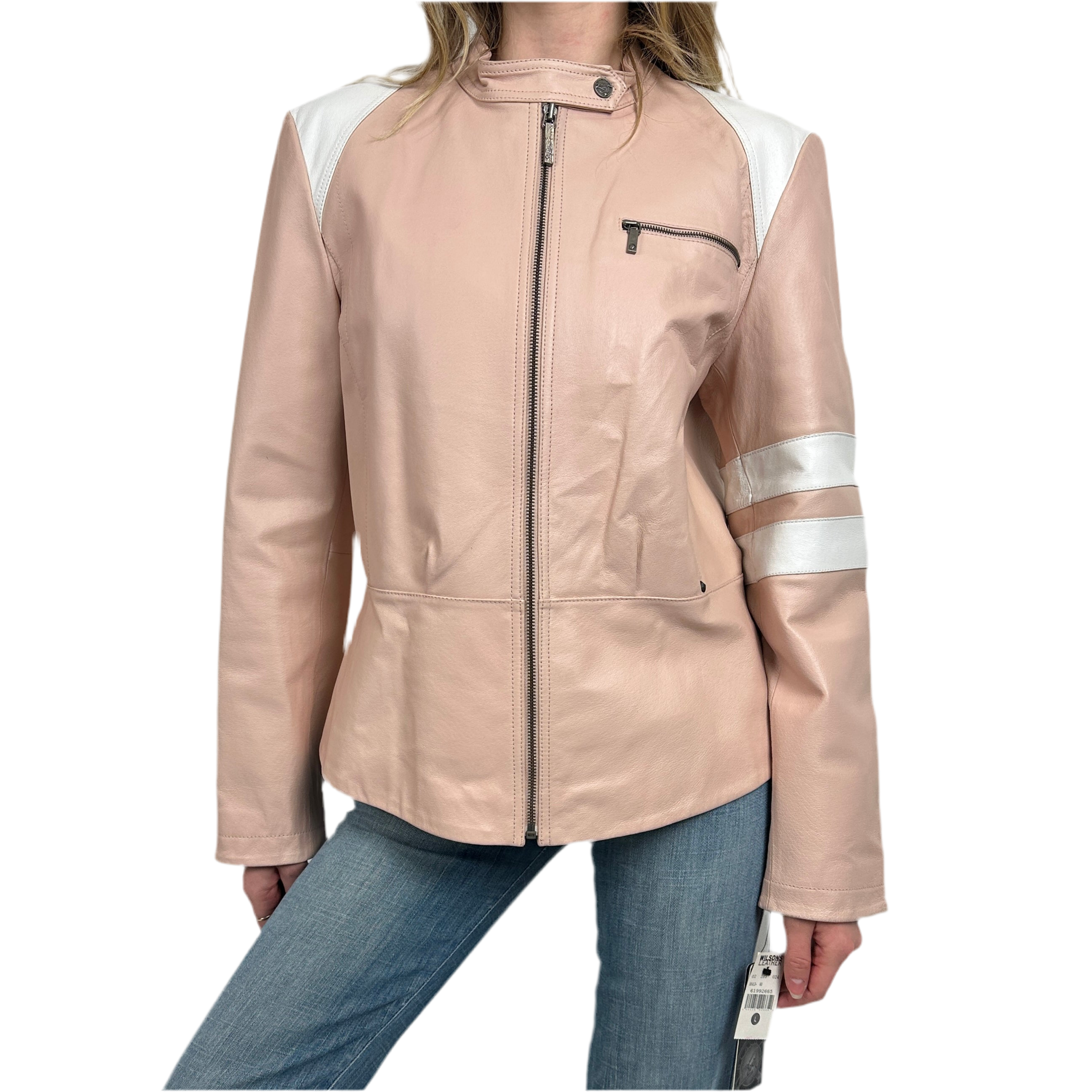 Vintage Pink Leather Moto Jacket (L)