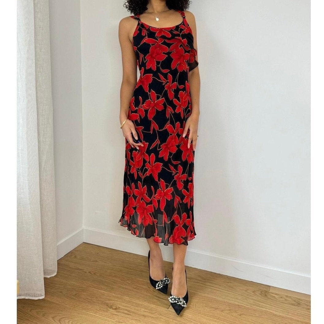 Vintage Red Floral Mesh Midi Dress (M)