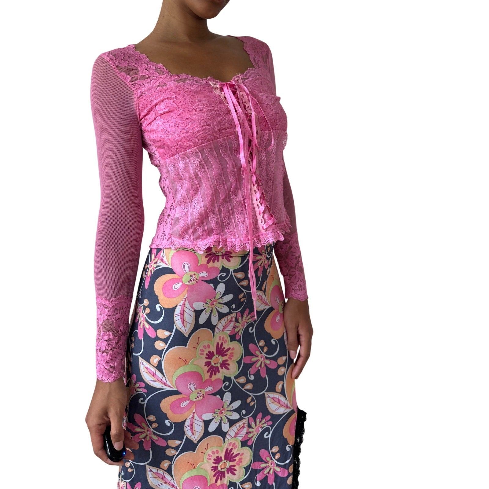 Vintage Pink Lace Corset-Style Top (S)