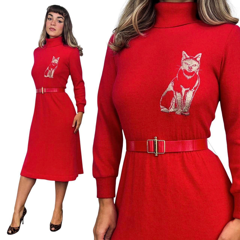 60s Vintage Embroidered Cat Dress (M)