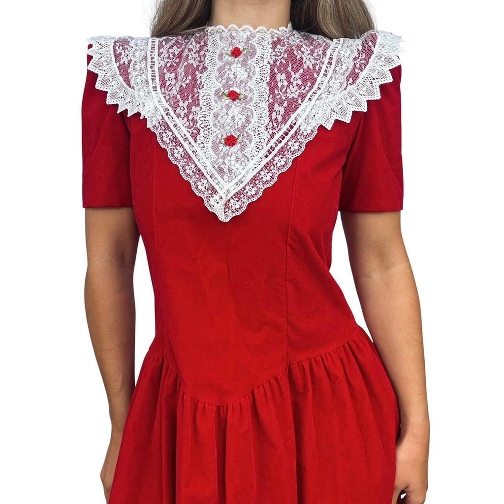 70s Velvet Lace Collar Dress (S)