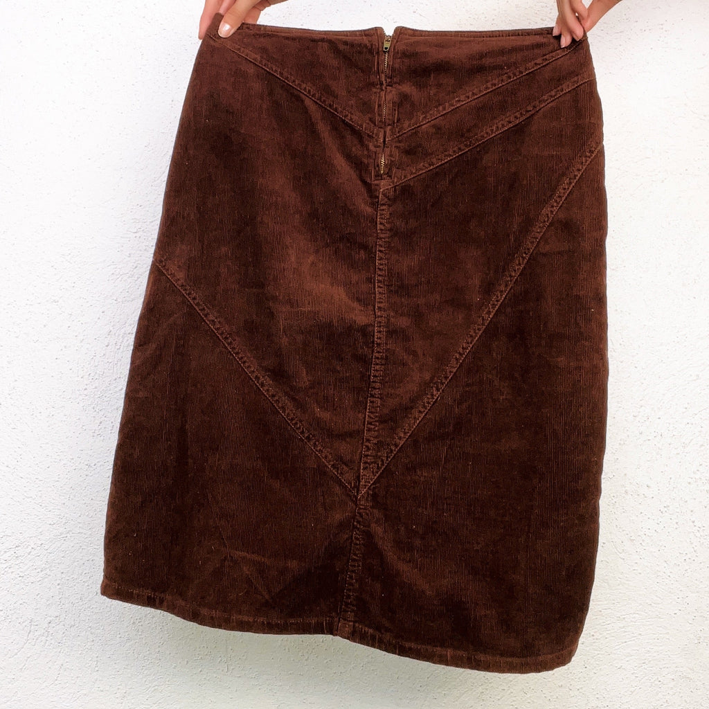 Distressed Brown Corduroy Midi Skirt (S)