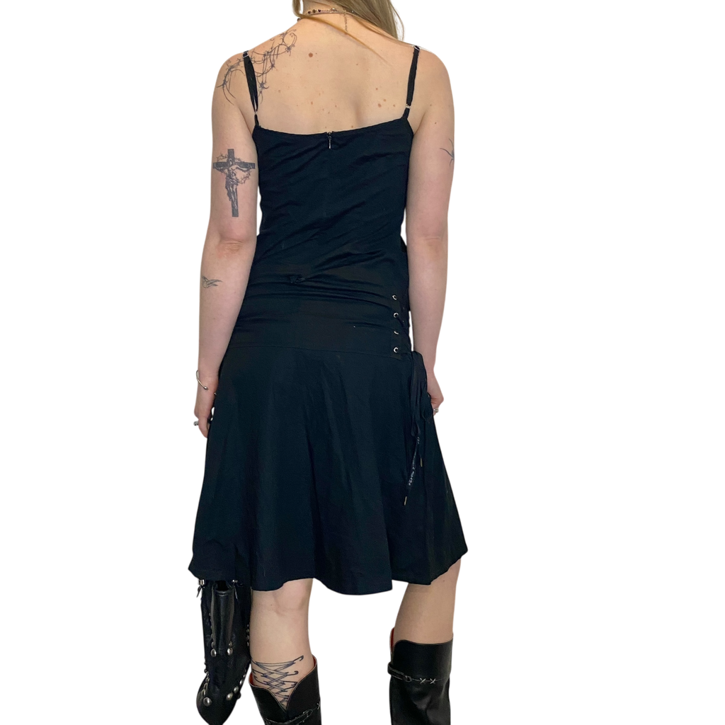 Vintage Boho Chic Eyelet Black Midi Dress (S)