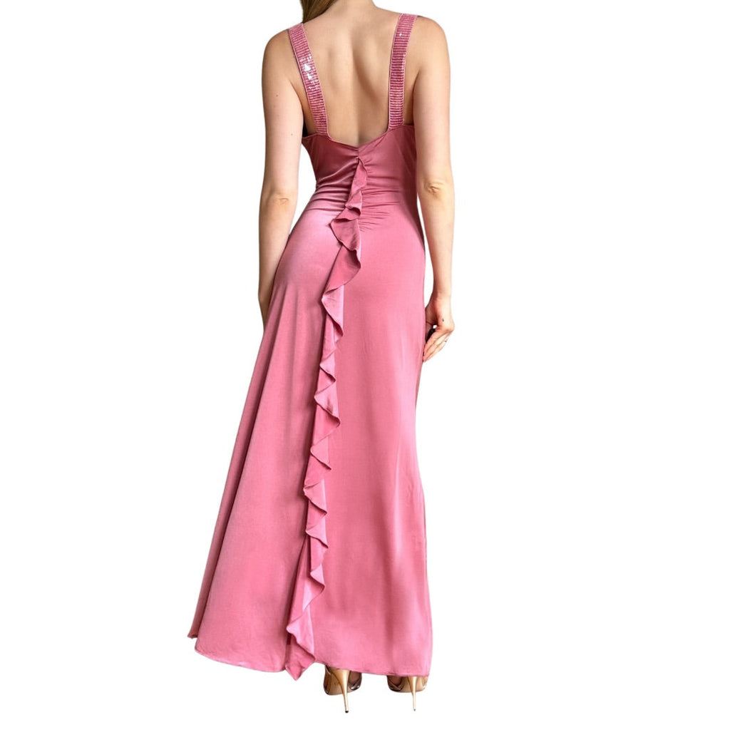 Vintage Pink Sequin & Ruffle Slinky Maxi Dress (S/M)
