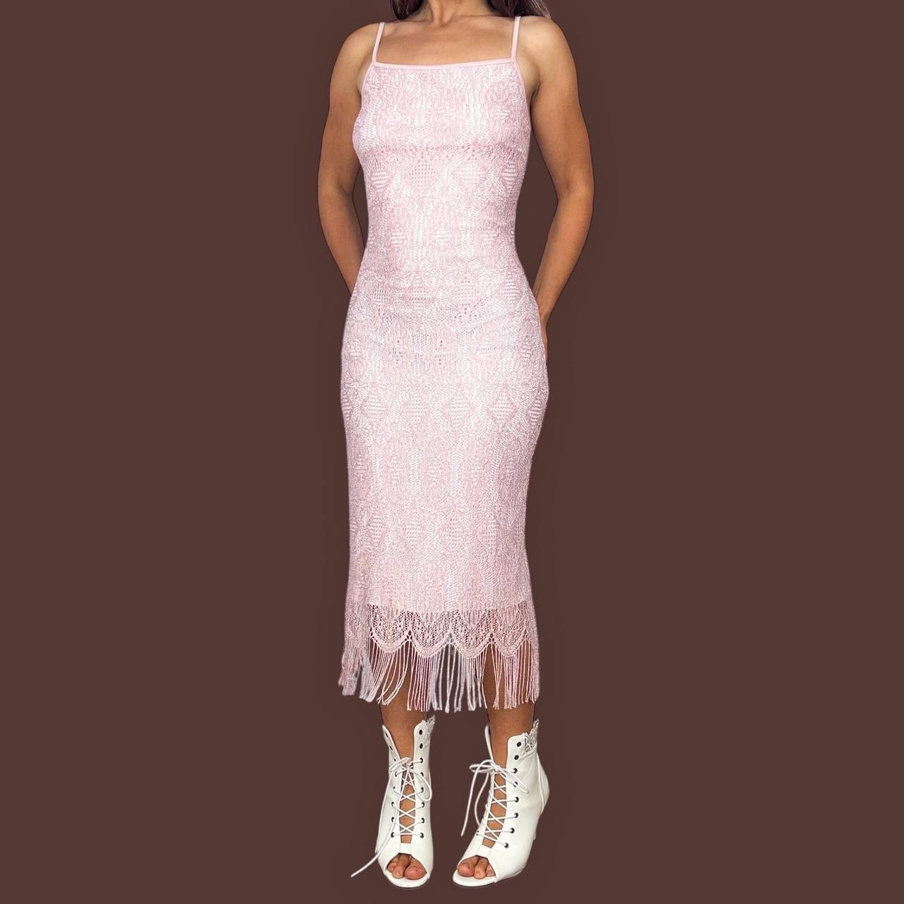 90s Pink Lace & Fringe Midi Dress (M)