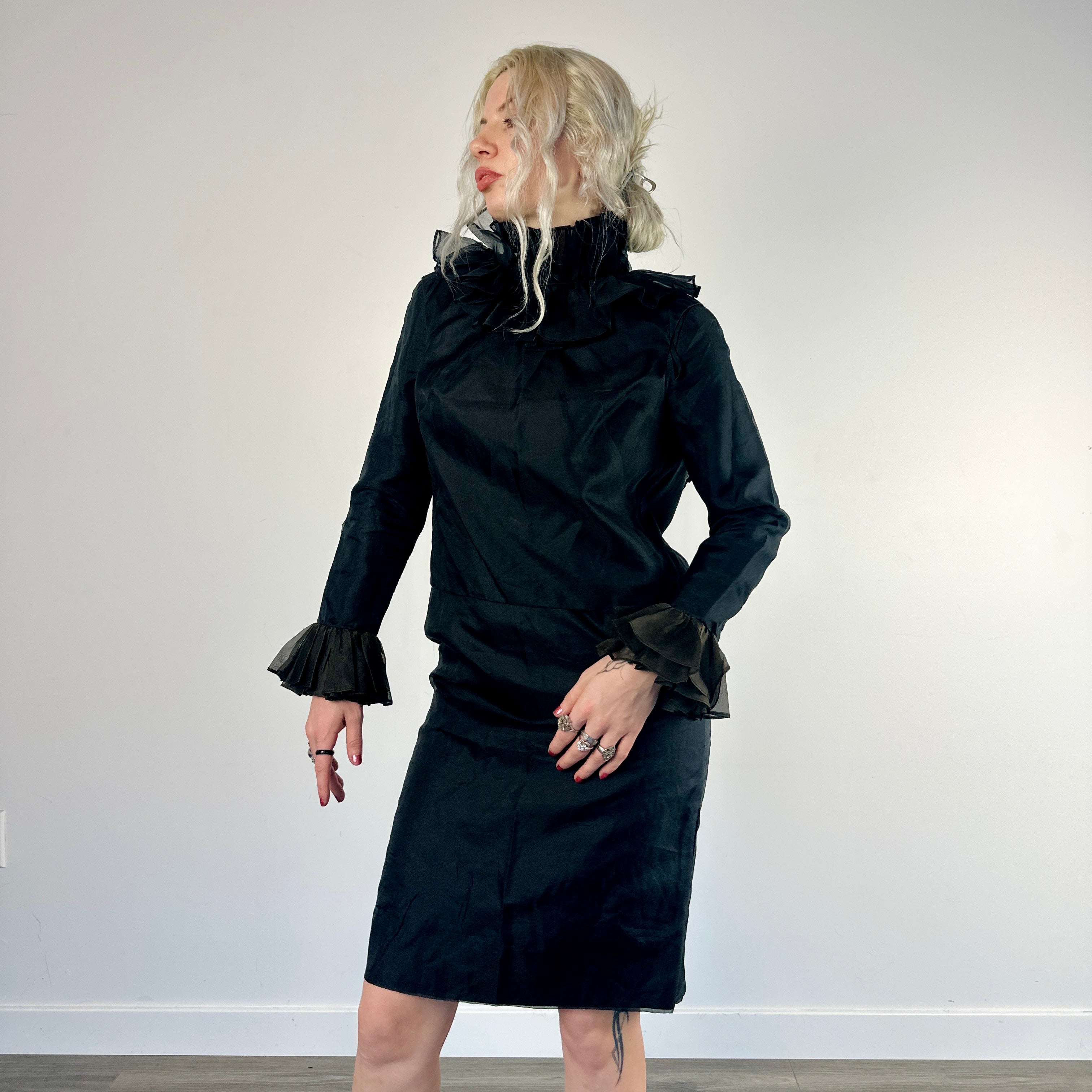 1950s 2-Piece Dress w/ Ruffle Vest (XS)