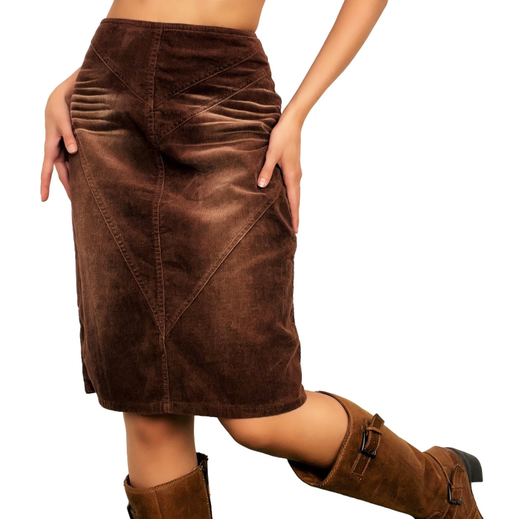 Distressed Brown Corduroy Midi Skirt (S)