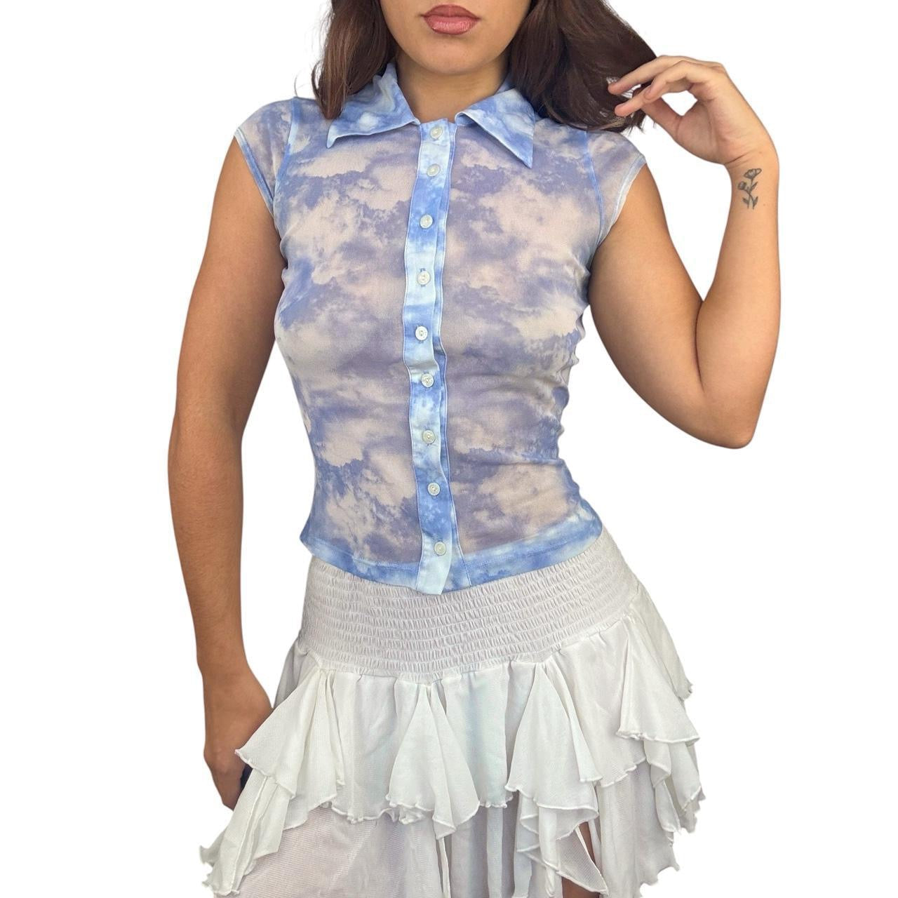 90s Bebe Cloud Print Mesh Blouse (M)