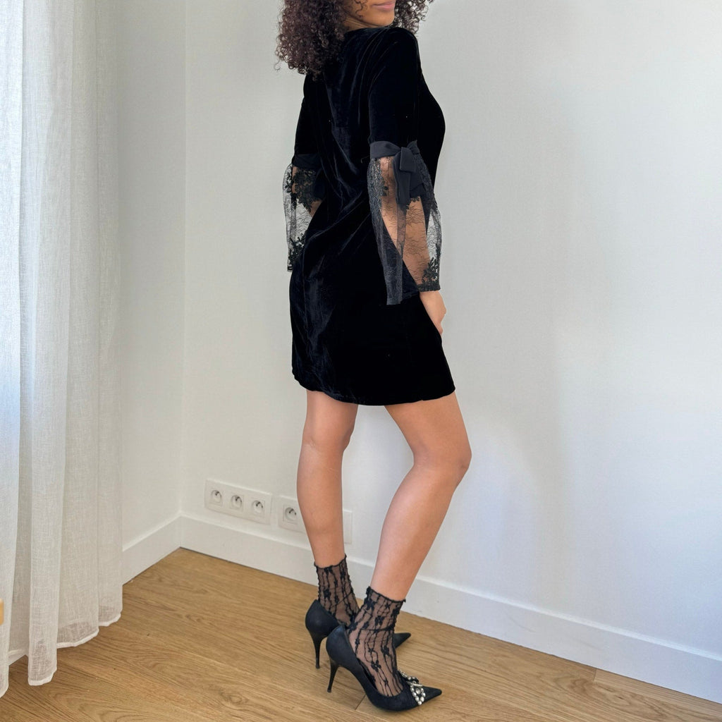 Vintage Italian Black Velvet Mini Dress (S)