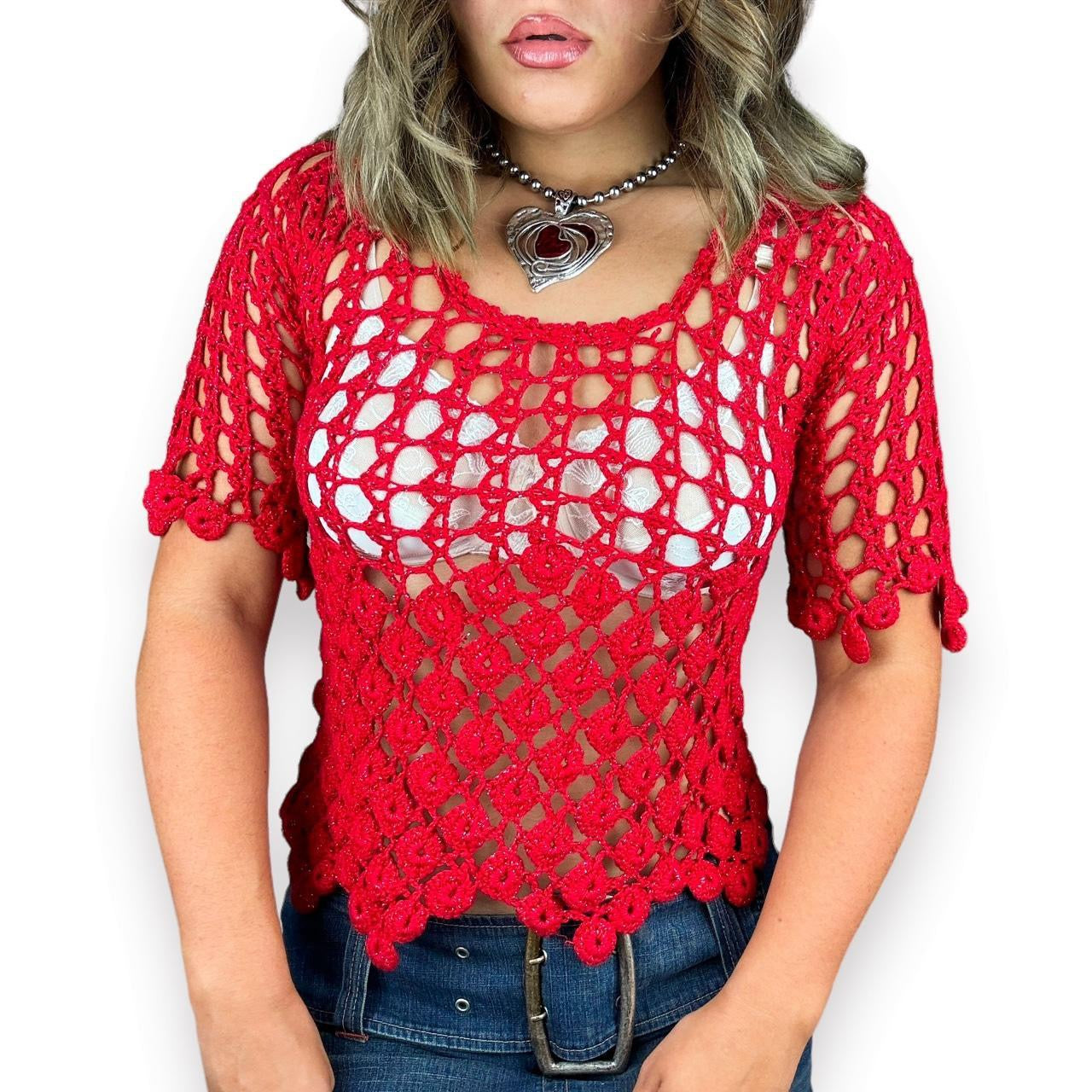 2000s Cherry Red Crochet Top (S/M)